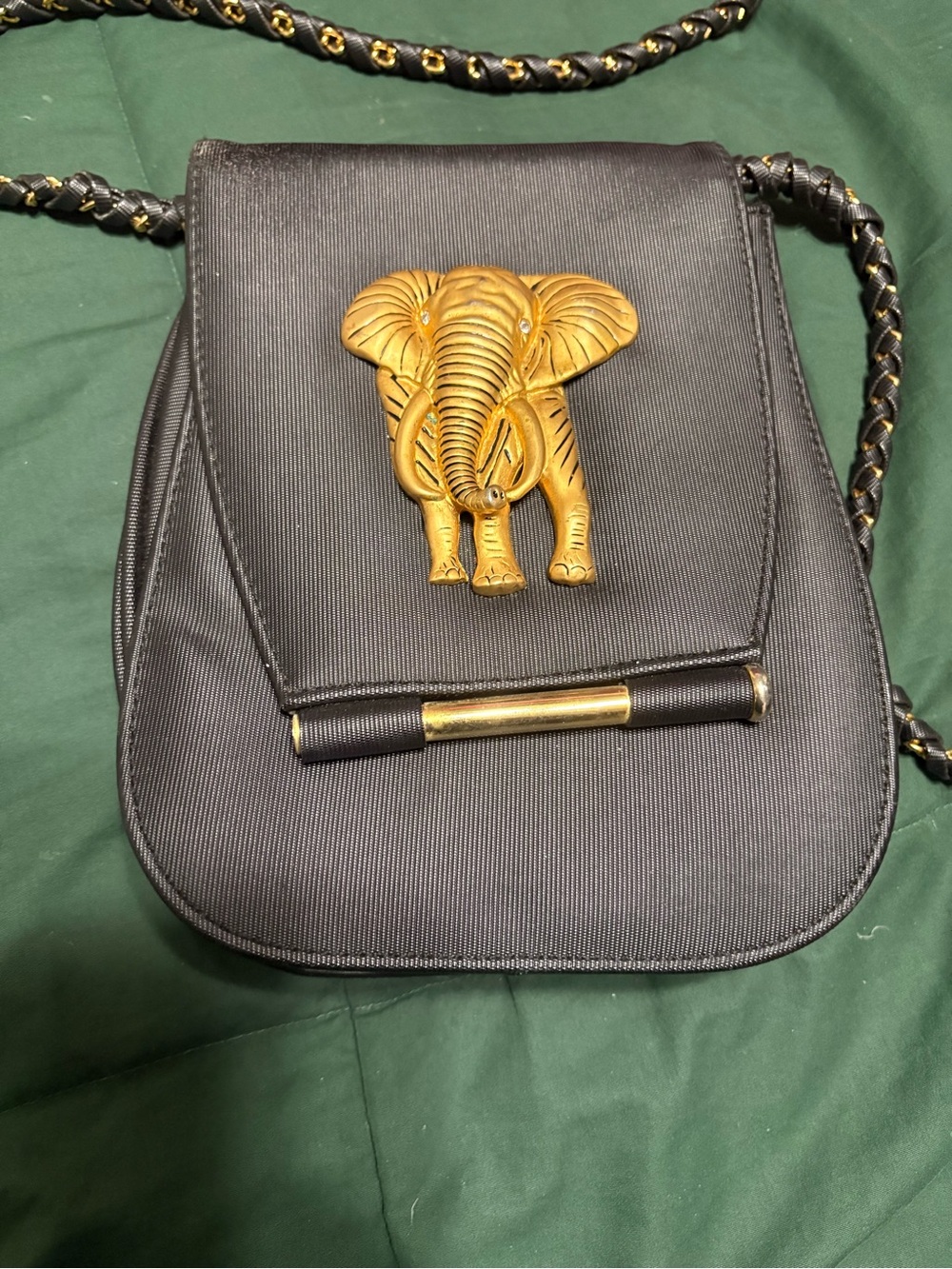 Black Crossbody Bag with Gold Elephant Accent and Braided Strap